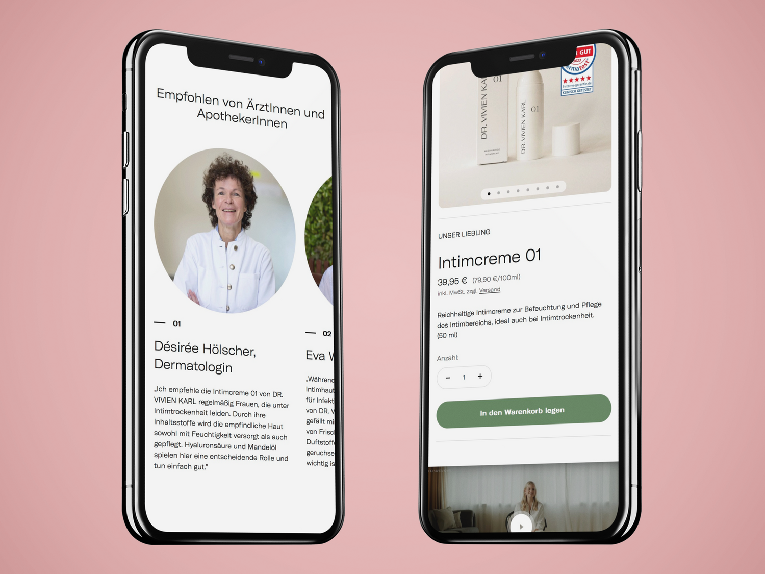 Zwei Smartphones vor rosa Hintergrund links Dermatologin Porträt und Empfehlung rechts Produktseite Intimcreme 01 mit Preis und Warenkorbbutton