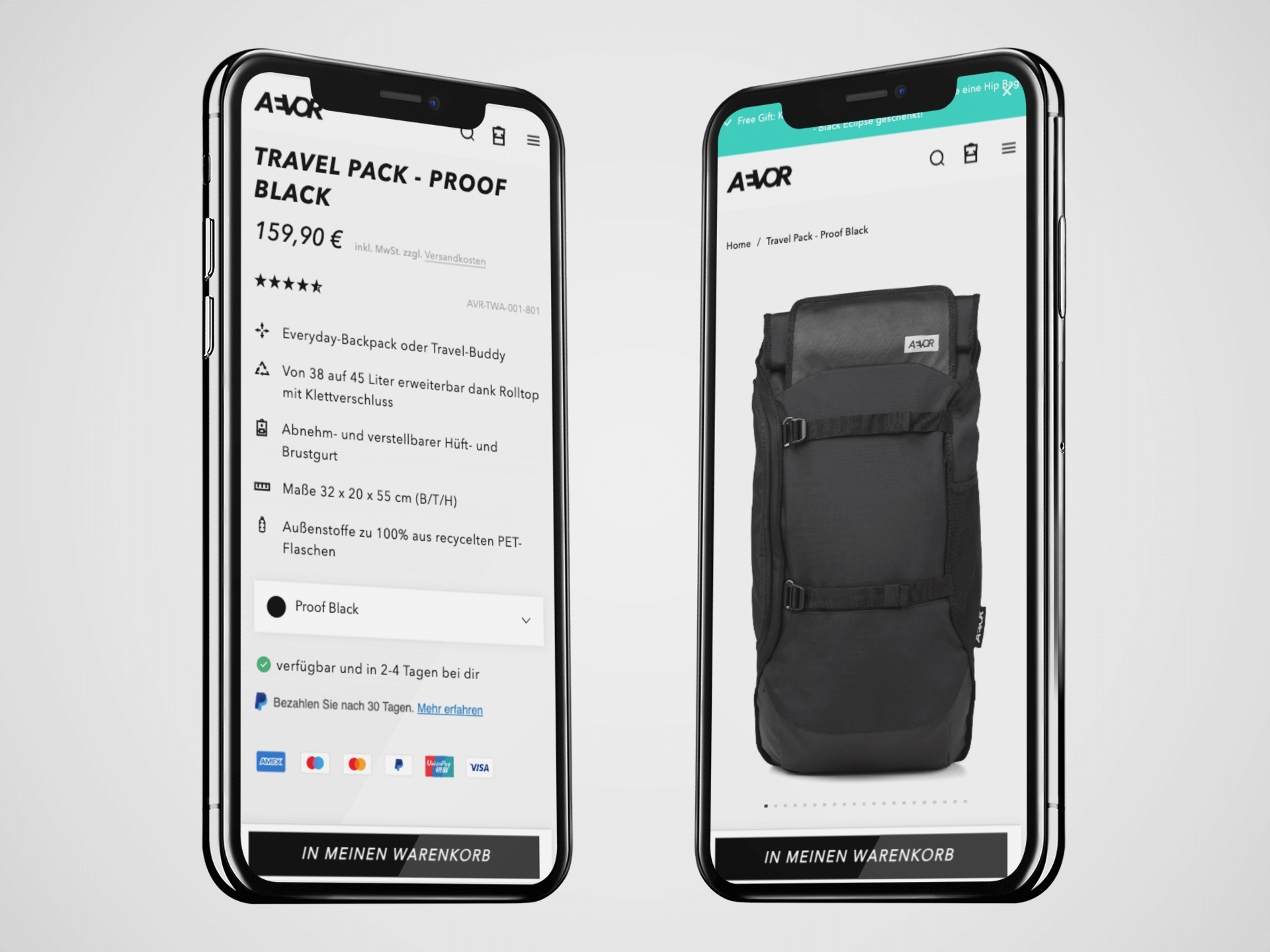 Zwei Handys mit Onlineshopseite für schwarzen Rolltop-Reiserucksack und Produktbeschreibung