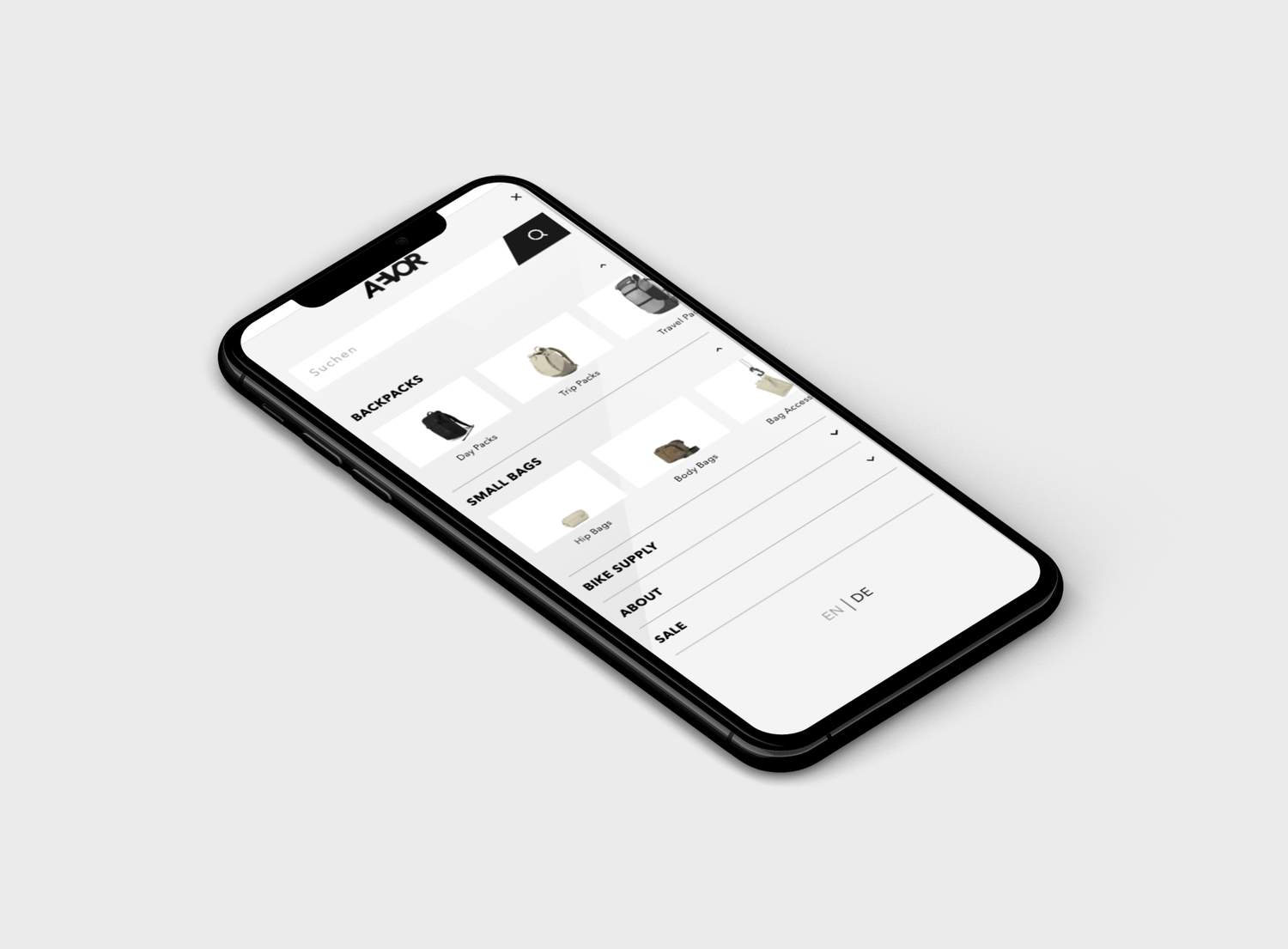 Schwarzes Smartphone zeigt AEVOR Onlineshop mit Kategorien Backpacks Small Bags Bike Supply About Sale