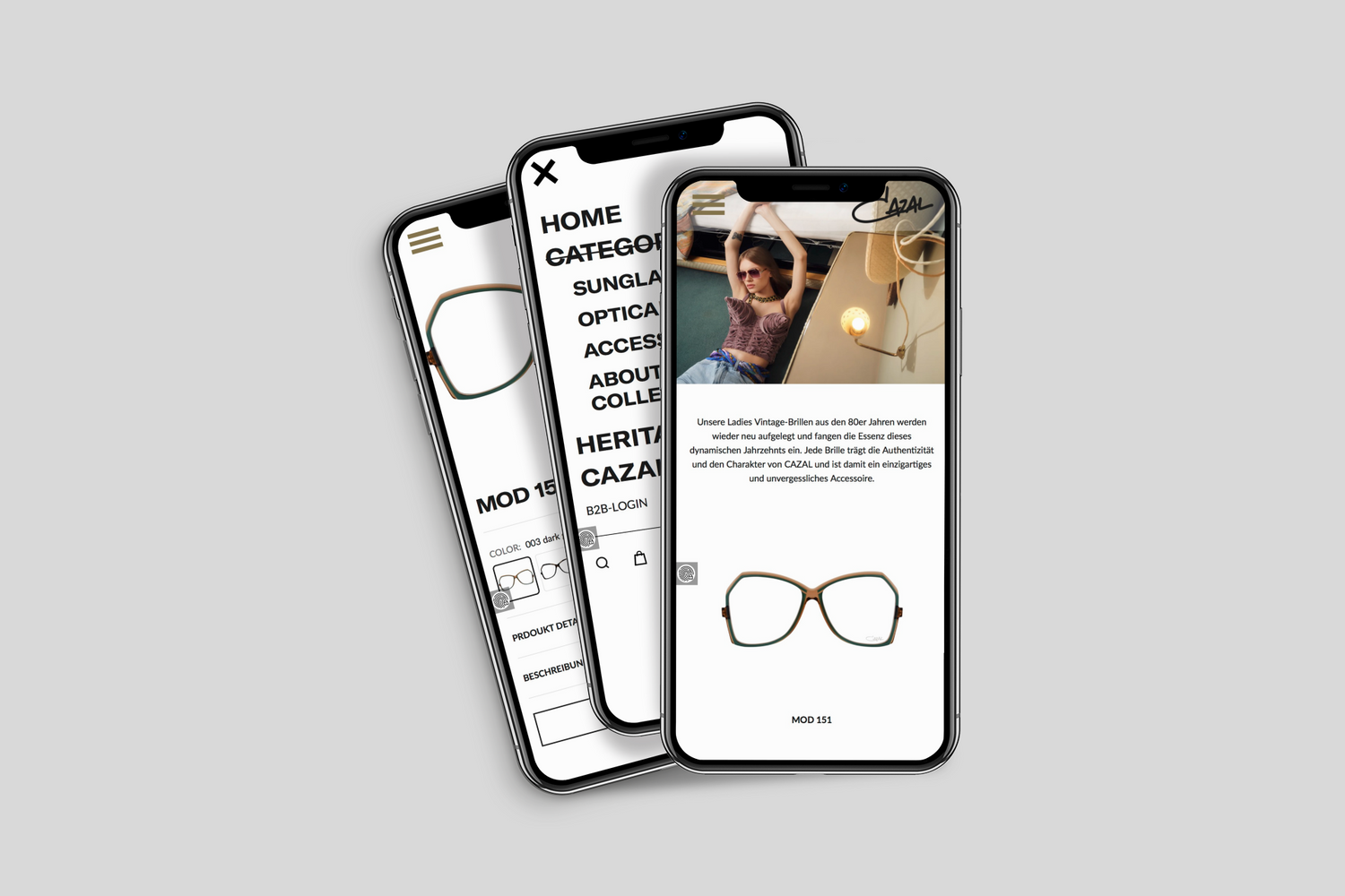 Drei überlappende Smartphones mit Onlineshopseite für Vintage-Brillen vor grauem Hintergrund