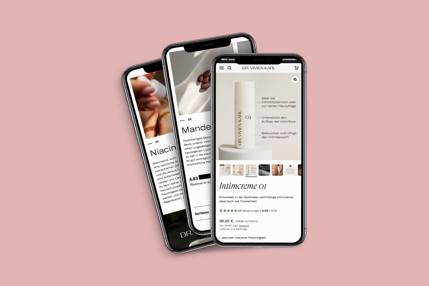 Drei Smartphones mit Dr Vivien Karl Produktseiten für Intimcreme Mandelextrakt und Niacinamid vor rosa Hintergrund
