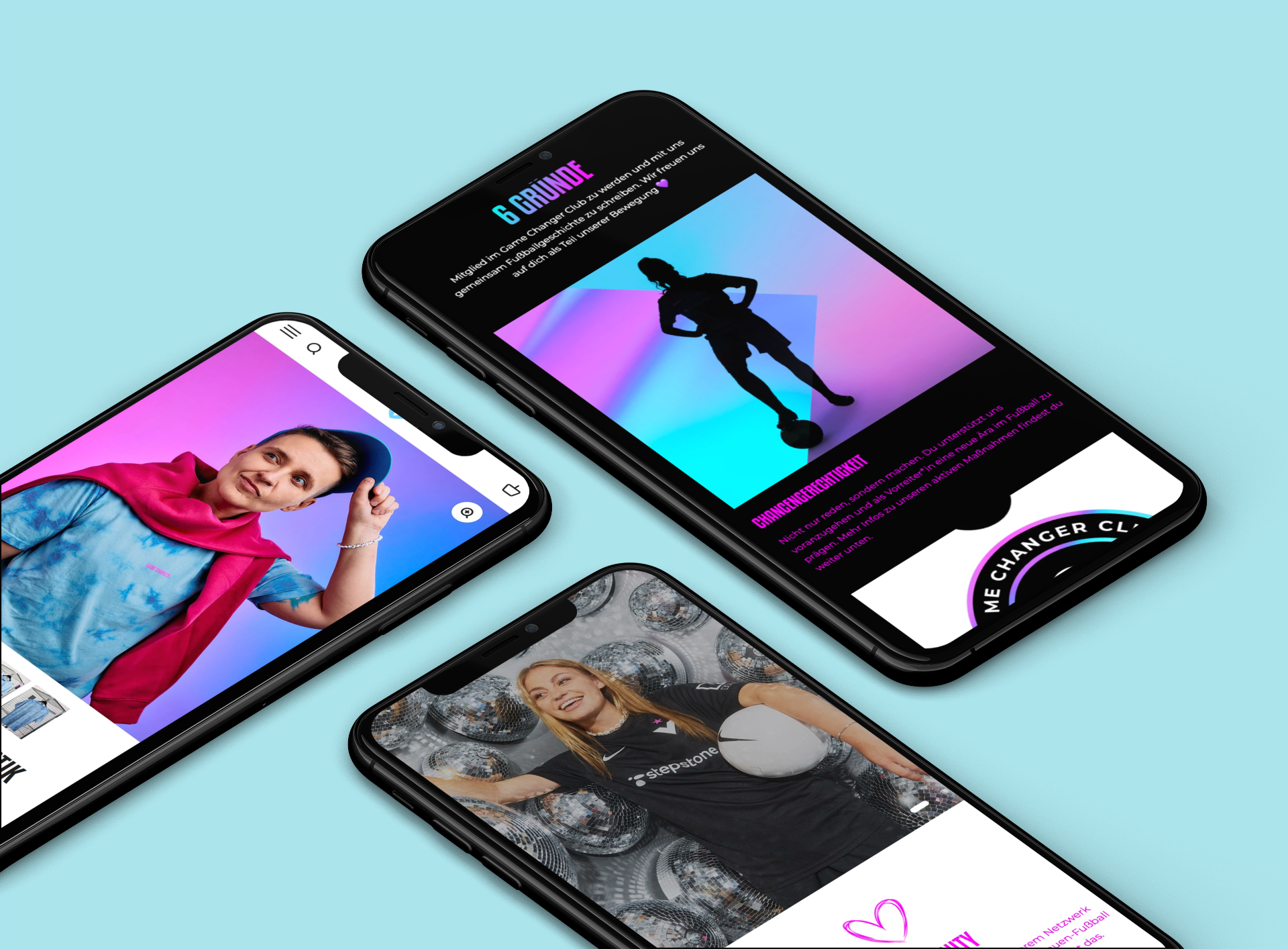 Drei Smartphones auf türkisfarbenem Hintergrund zeigen bunte Motive: Porträt mit Baseballcap, Silhouette Fußballerin, lachende Spielerin vor Diskokugeln
