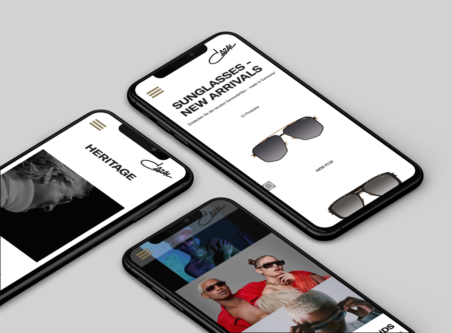 Drei diagonale Smartphone-Displays auf grauem Hintergrund mit Sonnenbrillen-Neuheiten Heritage-Kollektion und Modelcollage