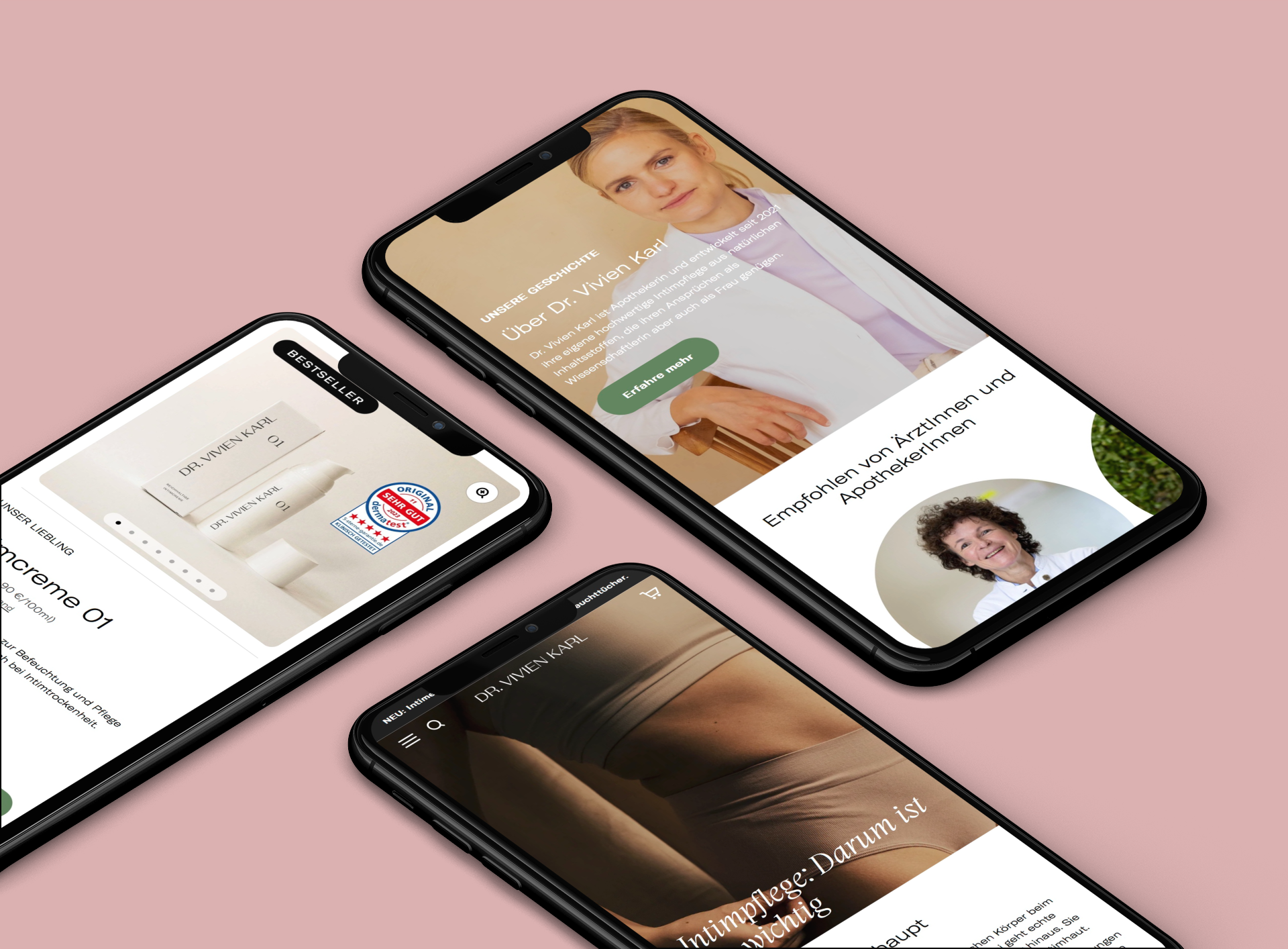 Drei Smartphones auf rosafarbenem Hintergrund mit Dr Vivien Karl Webseite, Produktflasche, Porträt einer Ärztin und Intimpflege-Ansicht