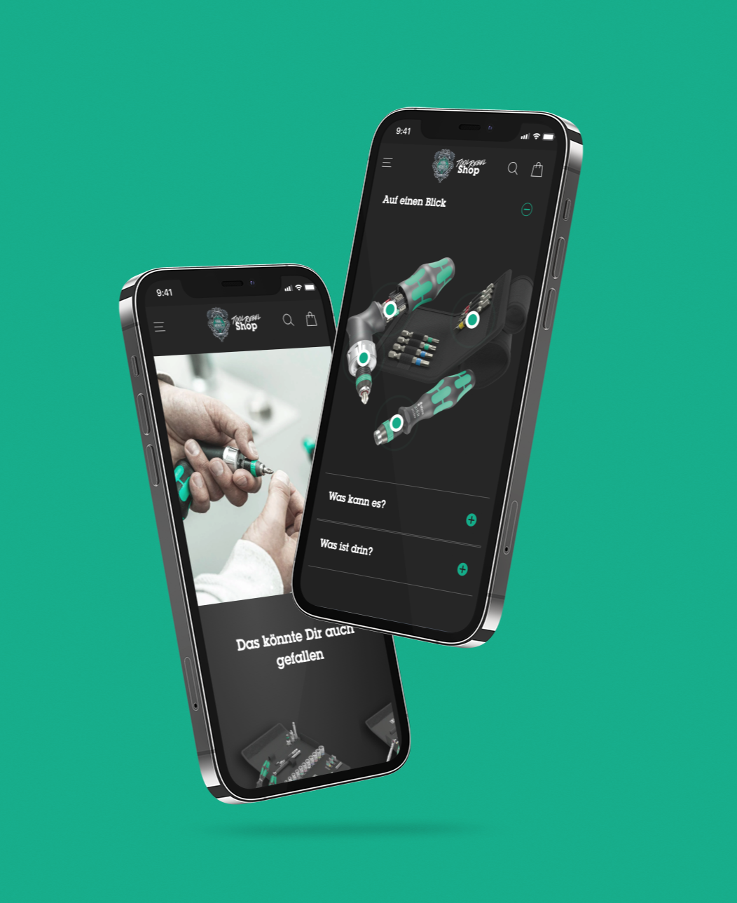 Zwei schwebende Smartphones vor grünem Hintergrund zeigen Schraubendreher-Set Produktansicht und Bitwechsel-Handhabung