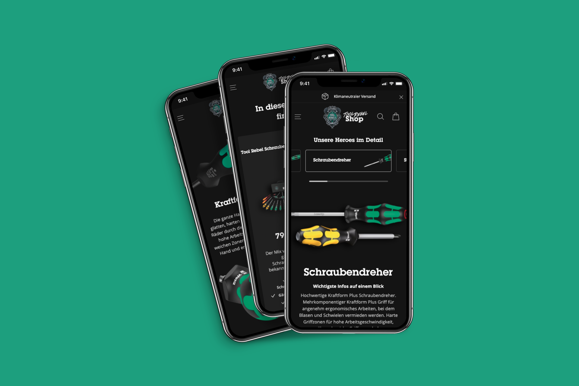drei Smartphones vor grünem Hintergrund mit Onlineshop-Darstellung gelb-grüner Schraubendreher